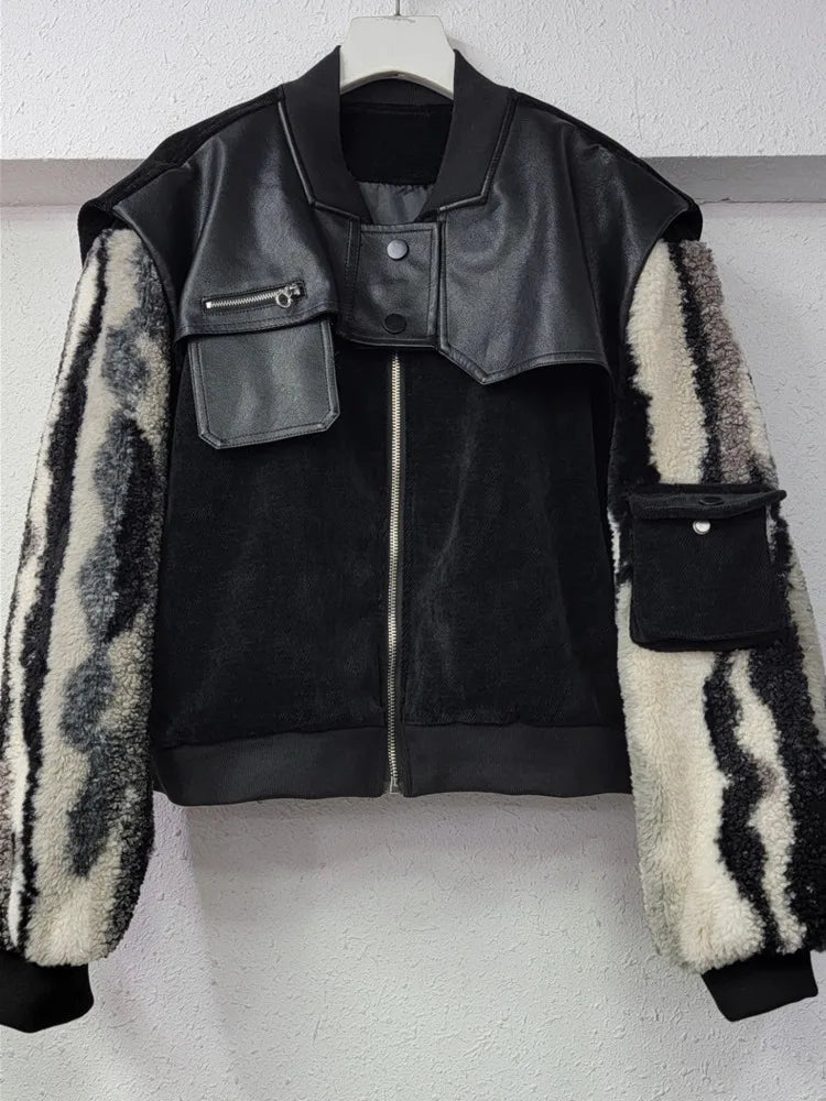 UNIKCOSA FurFusion Lamb Wool & PU Leather Patchwork Coat for Women 🤍