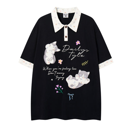 UNIKCOSA RetroMuse Cat Embroidered Short Sleeve Polo Shirt π«