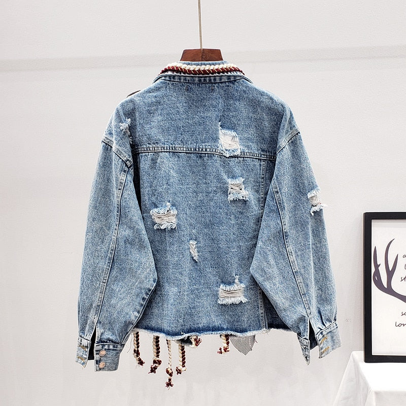 UNIKCOSA SparkRivet Tassel Denim Bomber Jacket for Women π