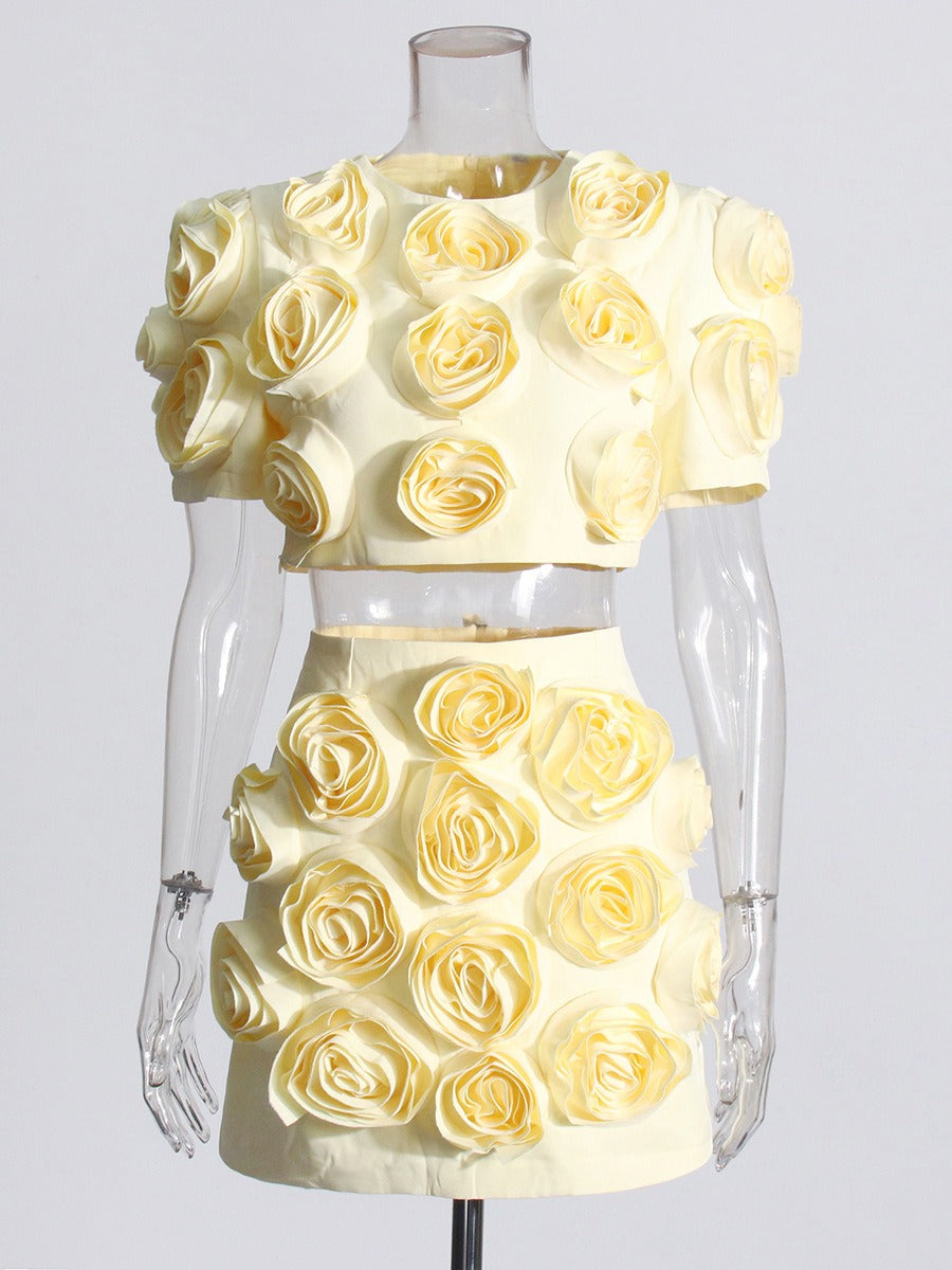 UNIKCOSA BloomGrace 3D Floral Bubble Sleeve Top & A-Line Skirt Set