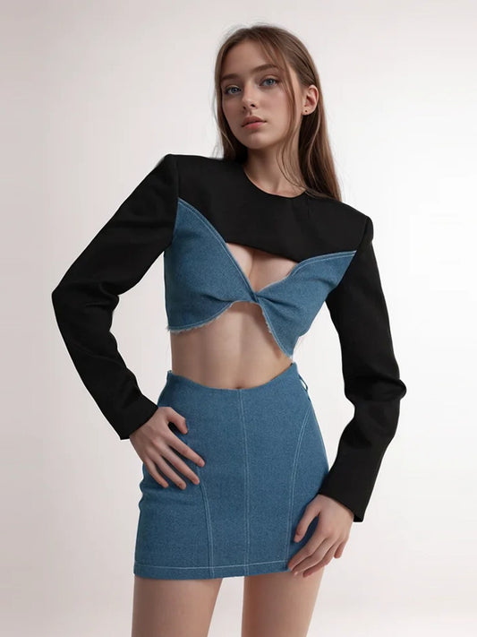 UNIKCOSA Patchwork Bow Top & A-Line Mini Skirt Set — Chic European Style Co-Ord 💋