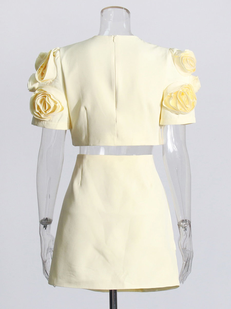 UNIKCOSA BloomGrace 3D Floral Bubble Sleeve Top & A-Line Skirt Set