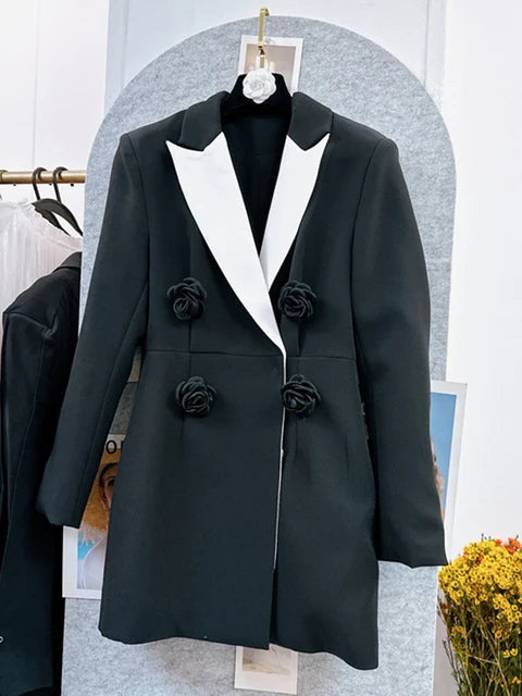UNIKCOSA NoirFit Black And White Rose Pattern Suit Jacket 💫