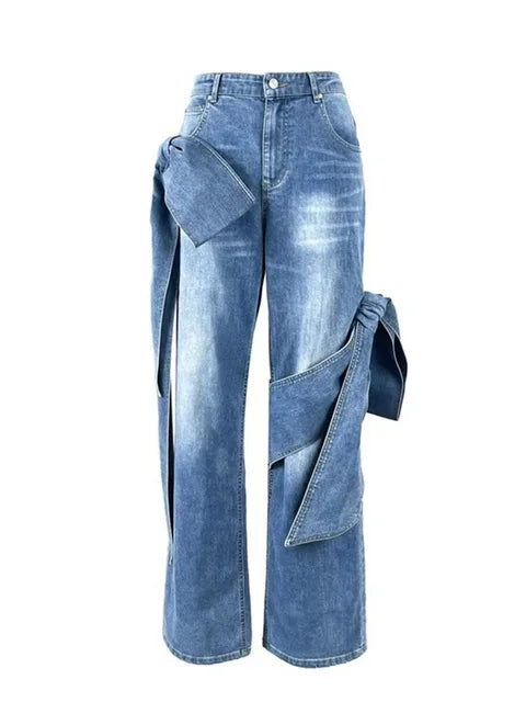 UNIKCOSA 3D Bow Strapless Denim Set — Chic Tube Top & Distressed Wide-Leg Jeans 💙
