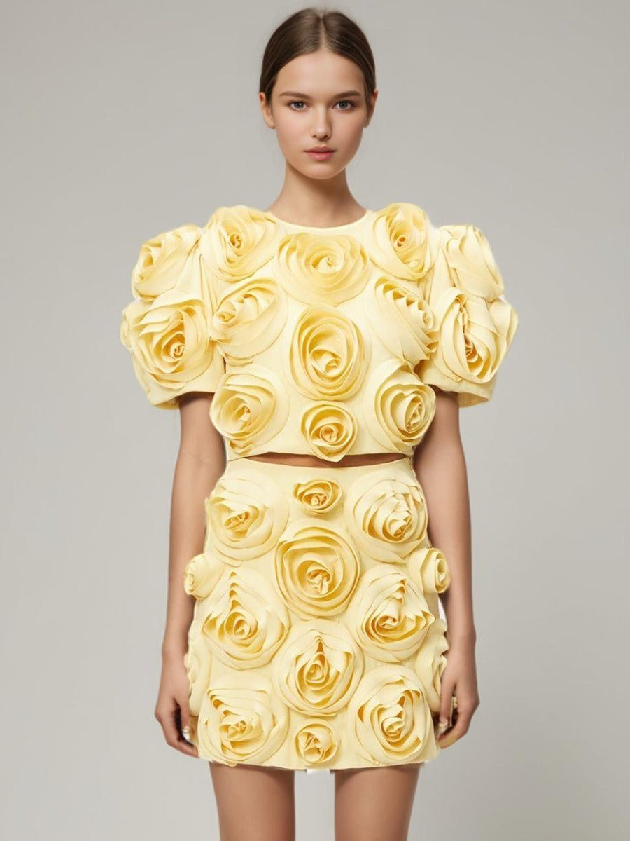UNIKCOSA BloomGrace 3D Floral Bubble Sleeve Top & A-Line Skirt Set