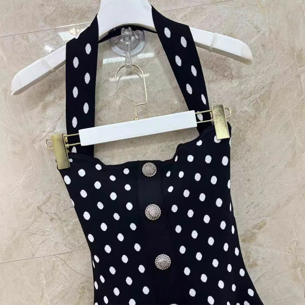 UNIKCOSA Velora Polka Dot Jacquard Dress Halter Neck 💫