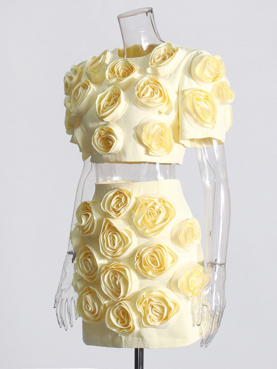 UNIKCOSA BloomGrace 3D Floral Bubble Sleeve Top & A-Line Skirt Set