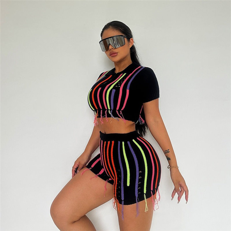 UNIKCOSA SweetTassel Embroidered Knit Set — High-Waist Open-Navel Slim Fit Co-Ord 💖