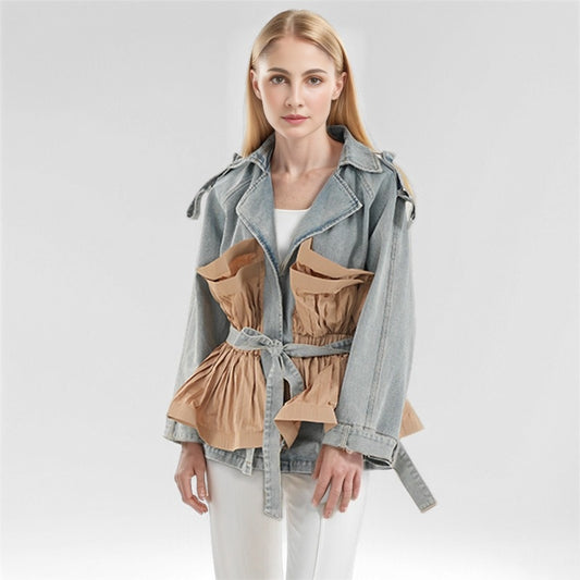 UNIKCOSA Retro Ruffle-Edge Contrast Splice Denim Jacket β Autumn Khaki Edition π