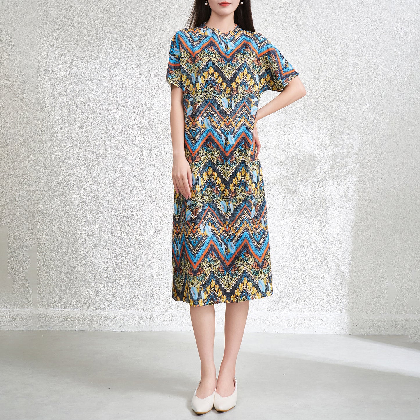 UNIKCOSA Velora Retro Pleated Midi Dress Literary Print 💫