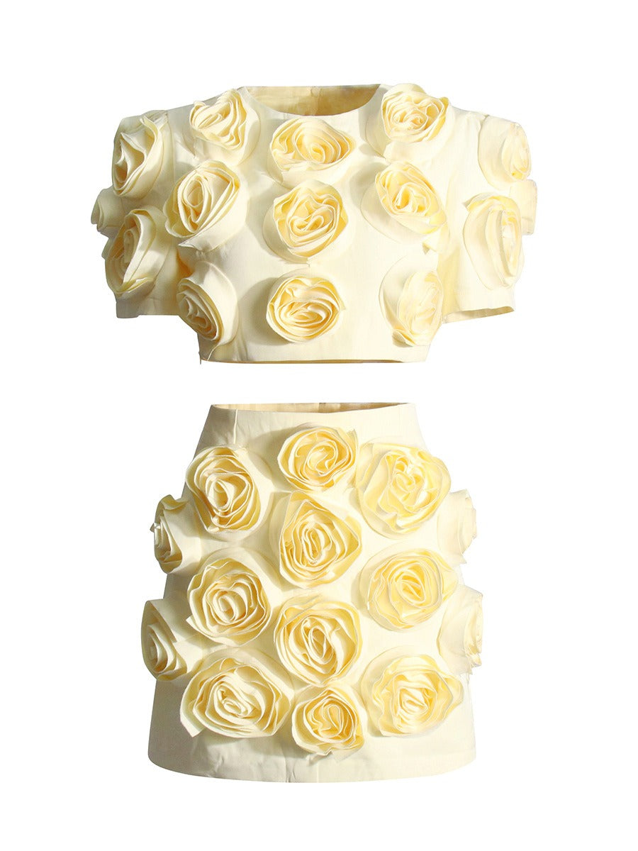 UNIKCOSA BloomGrace 3D Floral Bubble Sleeve Top & A-Line Skirt Set