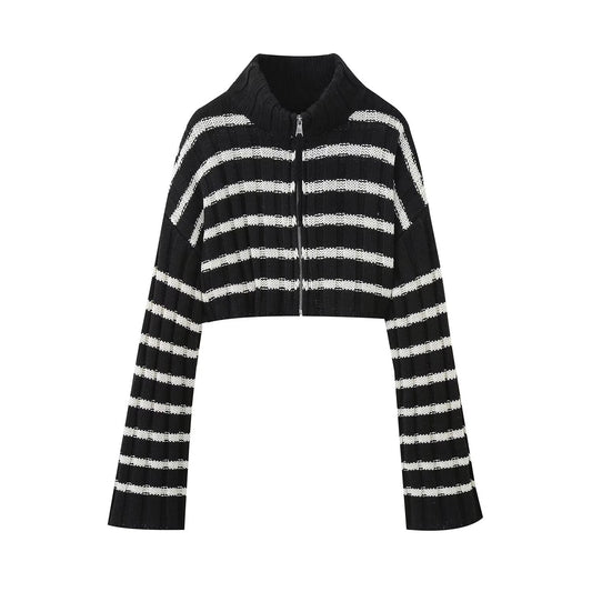 UNIKCOSA StripeLuxe Short Knitted Zipper Cardigan