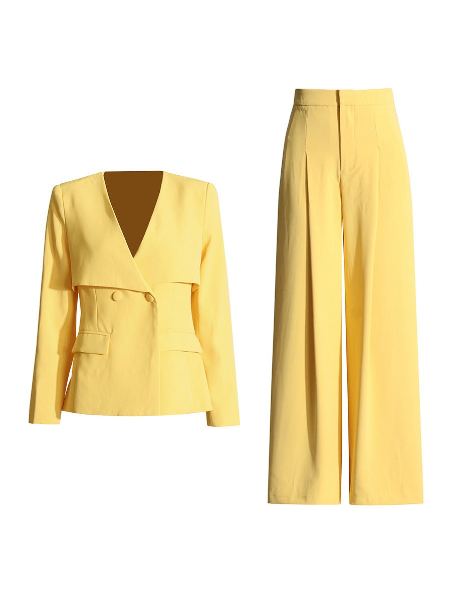 UNIKCOSA V-Neck Slim-Fit Blazer & Pleated Wide-Leg Pants Set — Modern Elegance Edition 💛