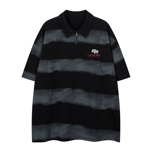 UNIKCOSA NoirFit Letter Embroidered Stripe Tee Half Zip π€