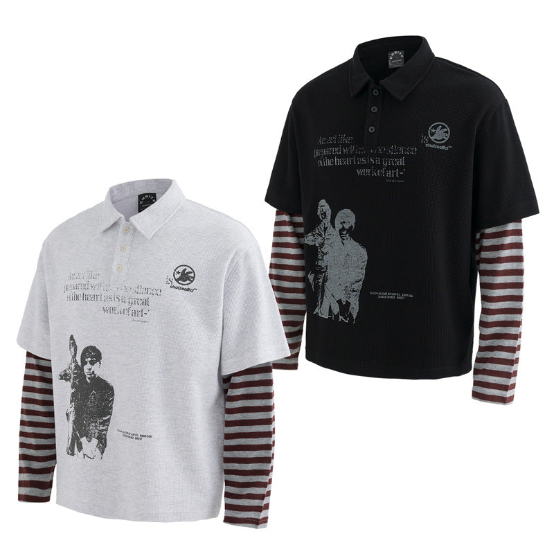 UNIKCOSA UrbanSoul Waffle Stripe T Shirt Fake Two Piece 💫