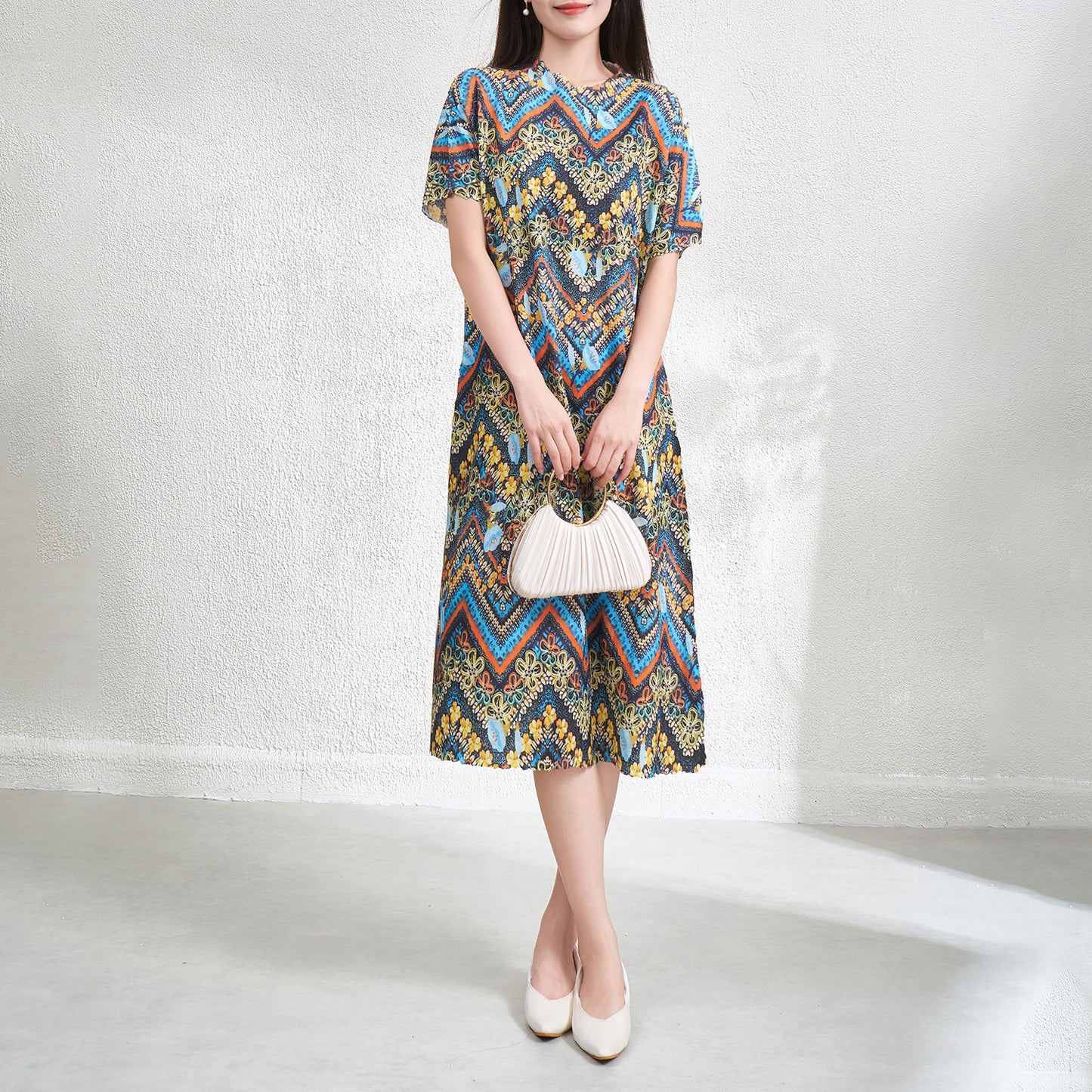 UNIKCOSA Velora Retro Pleated Midi Dress Literary Print 💫