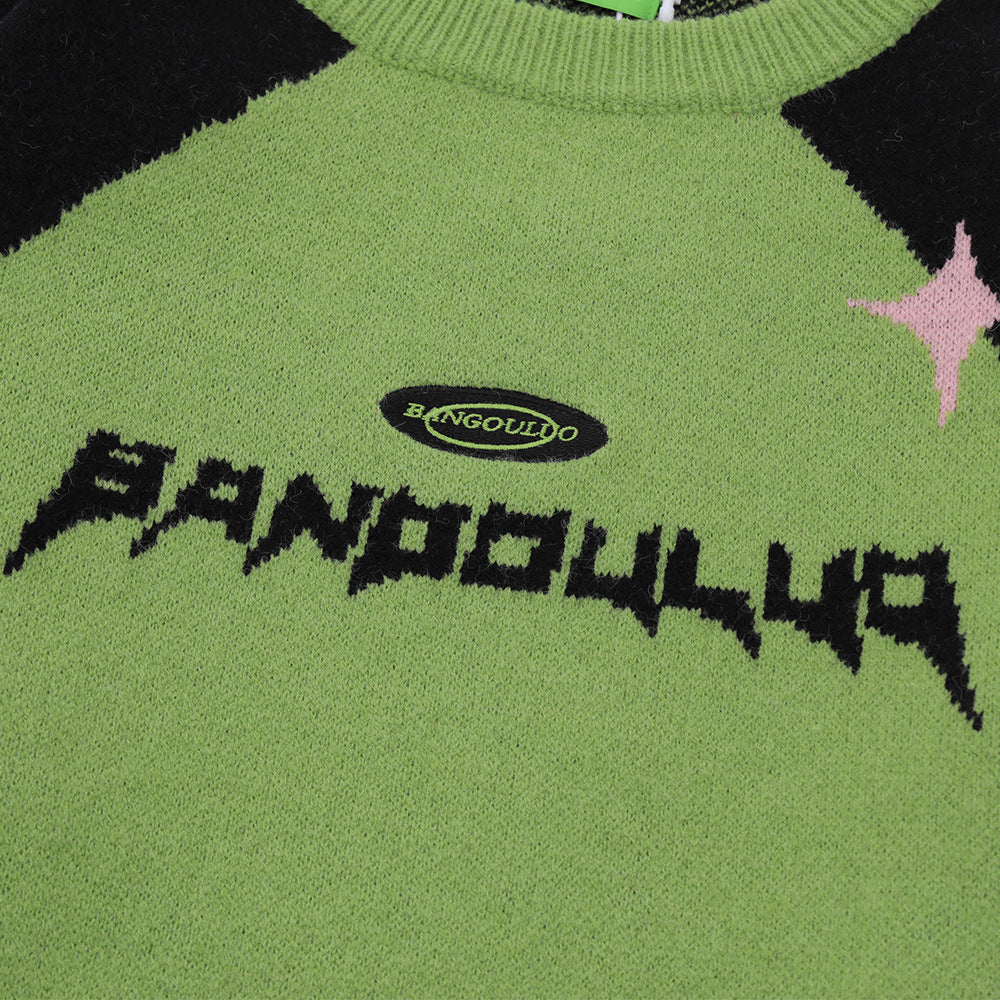 UNIKCOSA Contrast Jacquard Knit Sweater – Blue & Green Street Style Winter Essential