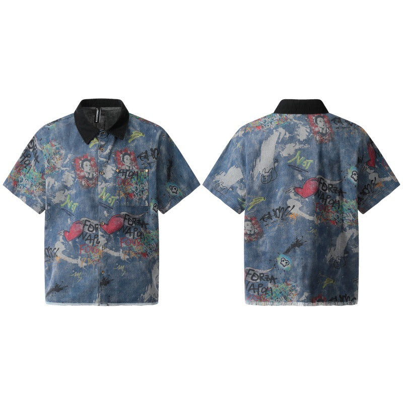 UNIKCOSA UrbanSoul Lapel Denim Shirt Graffiti Print 🌆