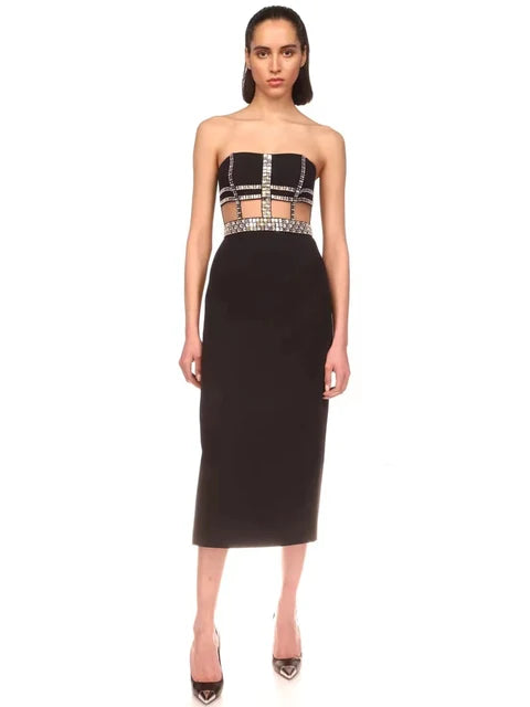 UNIKCOSA NoirFit Beaded Strapless Bandage Evening Dress 💫