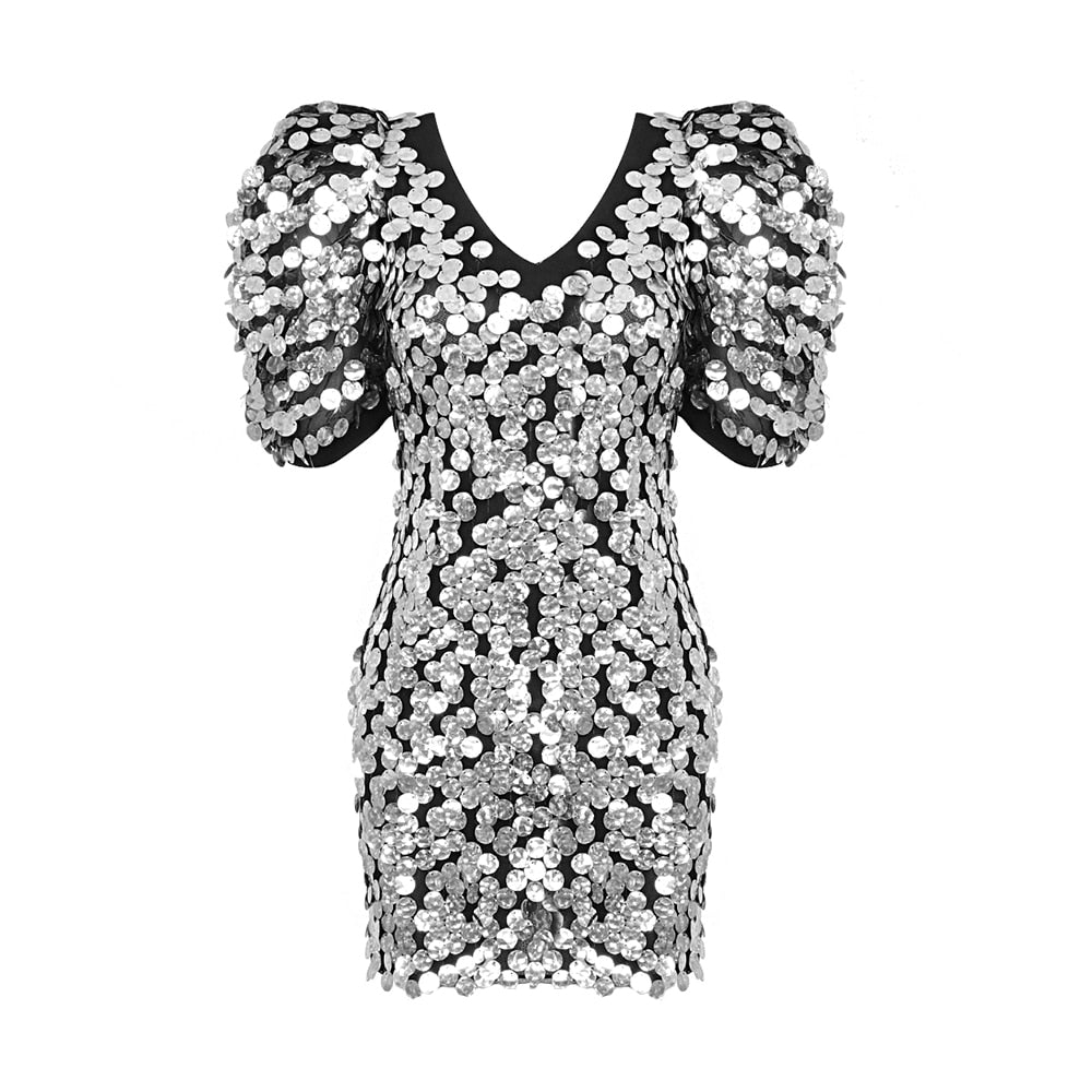 UNIKCOSA Velora Sequin Mini Dress With V Neck Puff Sleeves💫