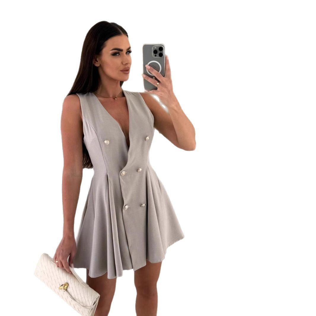 UNIKCOSA Double-Breasted Gold Button A-Line Blazer Dress — Sleeveless V-Neck Edition 🖤