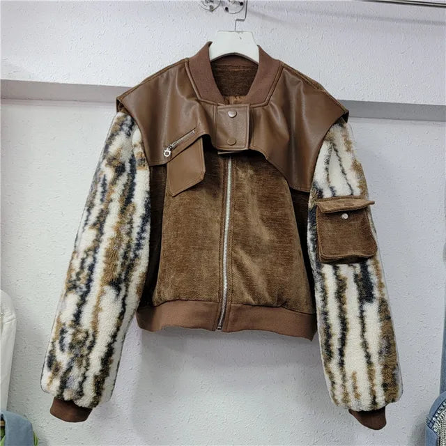 UNIKCOSA FurFusion Lamb Wool & PU Leather Patchwork Coat for Women 🤍