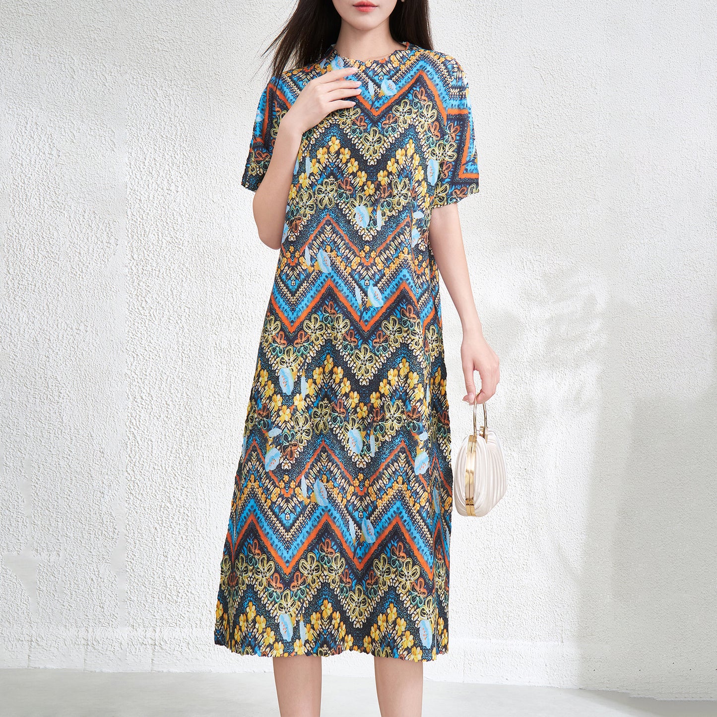 UNIKCOSA Velora Retro Pleated Midi Dress Literary Print 💫