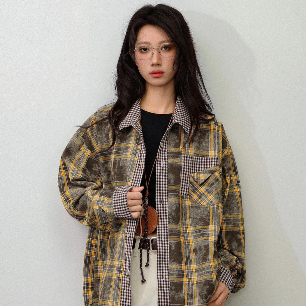 UNIKCOSA RetroMuse Vintage Plaid Patchwork Casual Shirt 💫
