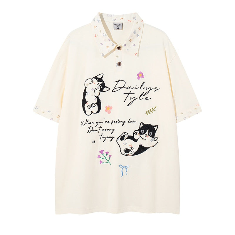 UNIKCOSA RetroMuse Cat Embroidered Short Sleeve Polo Shirt 💫