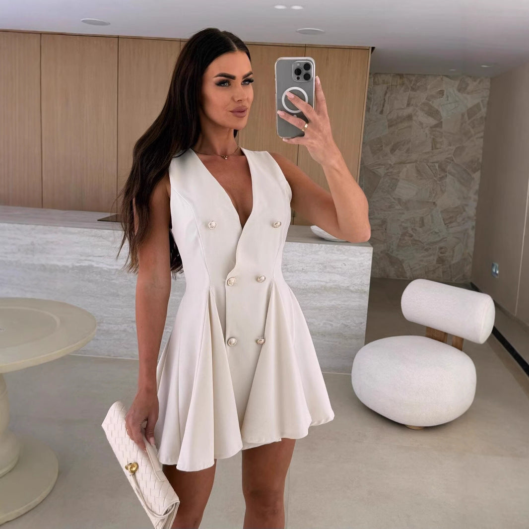 UNIKCOSA Double-Breasted Gold Button A-Line Blazer Dress — Sleeveless V-Neck Edition 🖤