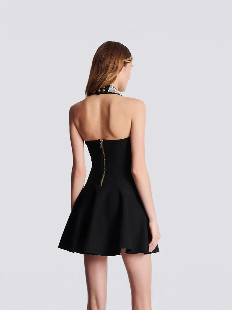UNIKCOSA’s Red Beaded Halter Bandage Dress — Slim Fit, Backless A-Line Party Elegance