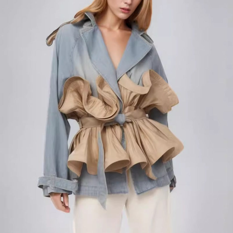 UNIKCOSA Retro Ruffle-Edge Contrast Splice Denim Jacket — Autumn Khaki Edition 🍁