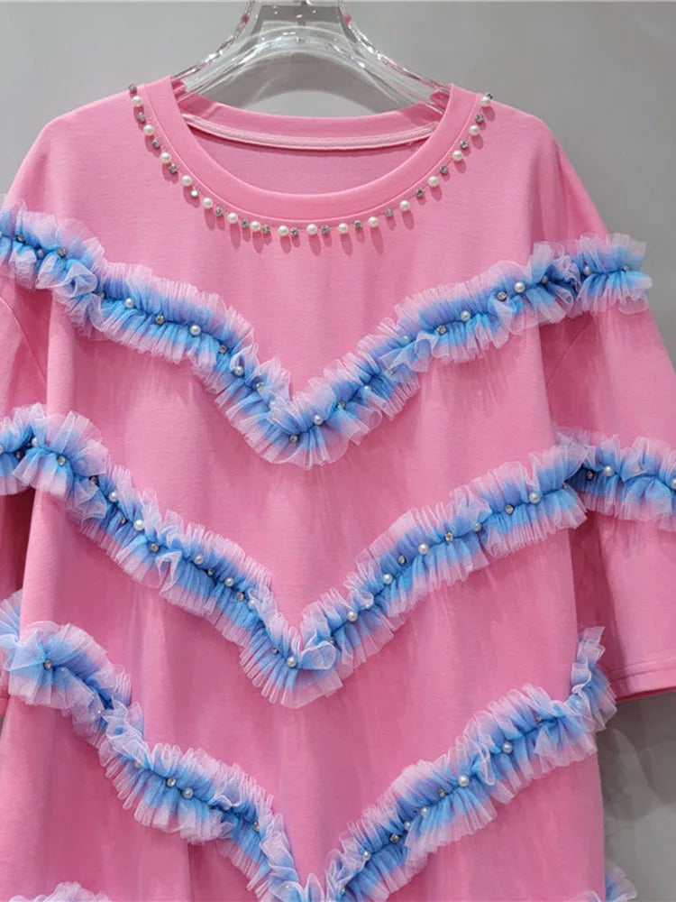 UNIKCOSA CrystalFlair Rhinestone Mesh Ruffle T-Shirt for Women ✨