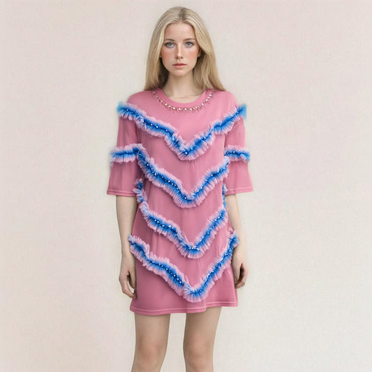 UNIKCOSA CrystalFlair Rhinestone Mesh Ruffle T-Shirt for Women β¨