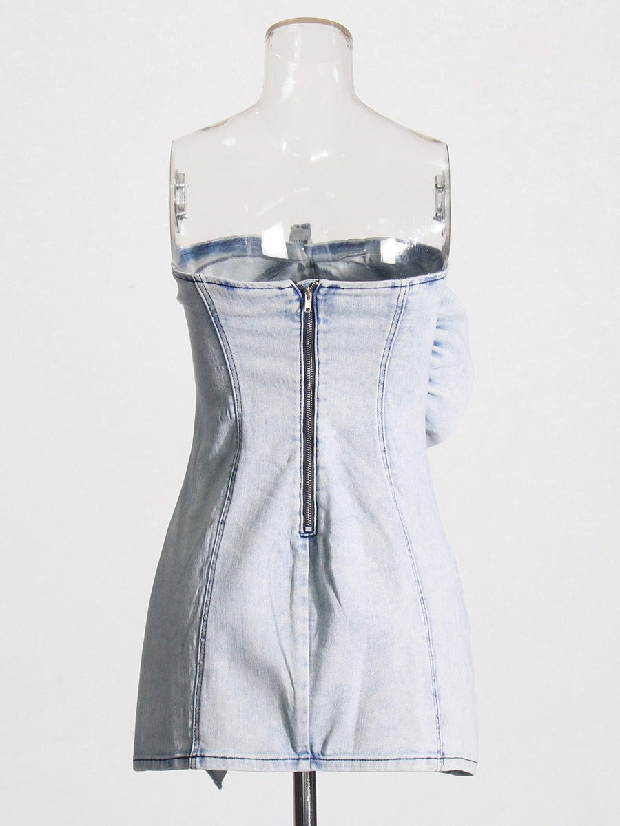 UNIKCOSA RetroMuse Folded Ruffled Strapless Denim Dress 🌸