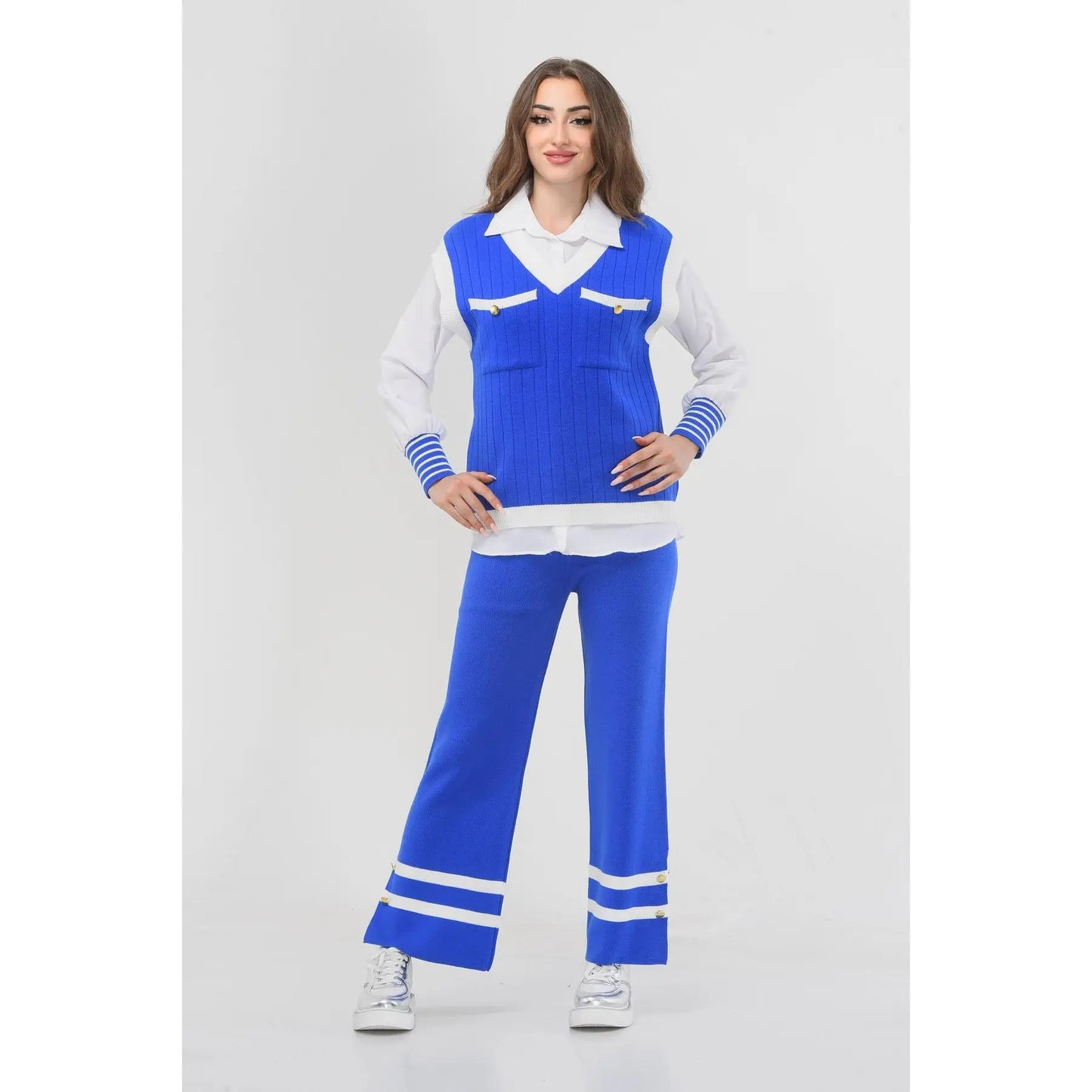 Women's 3-Piece Striped Knitwear Set VβNeck Casual Sweater