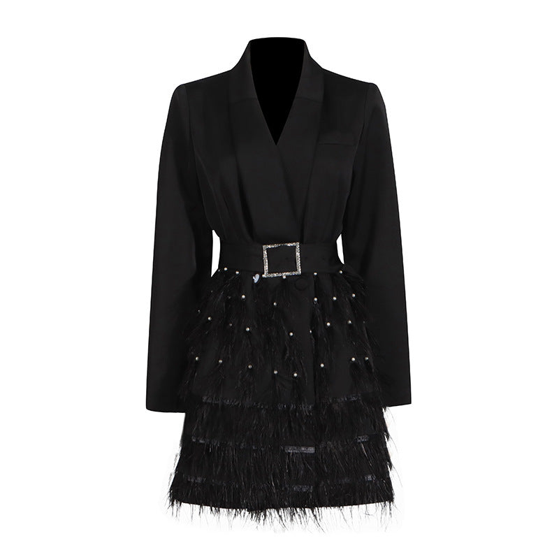 UNIKCOSA Velora V-Neck Beaded Feather Blazer Dress ๐ซ