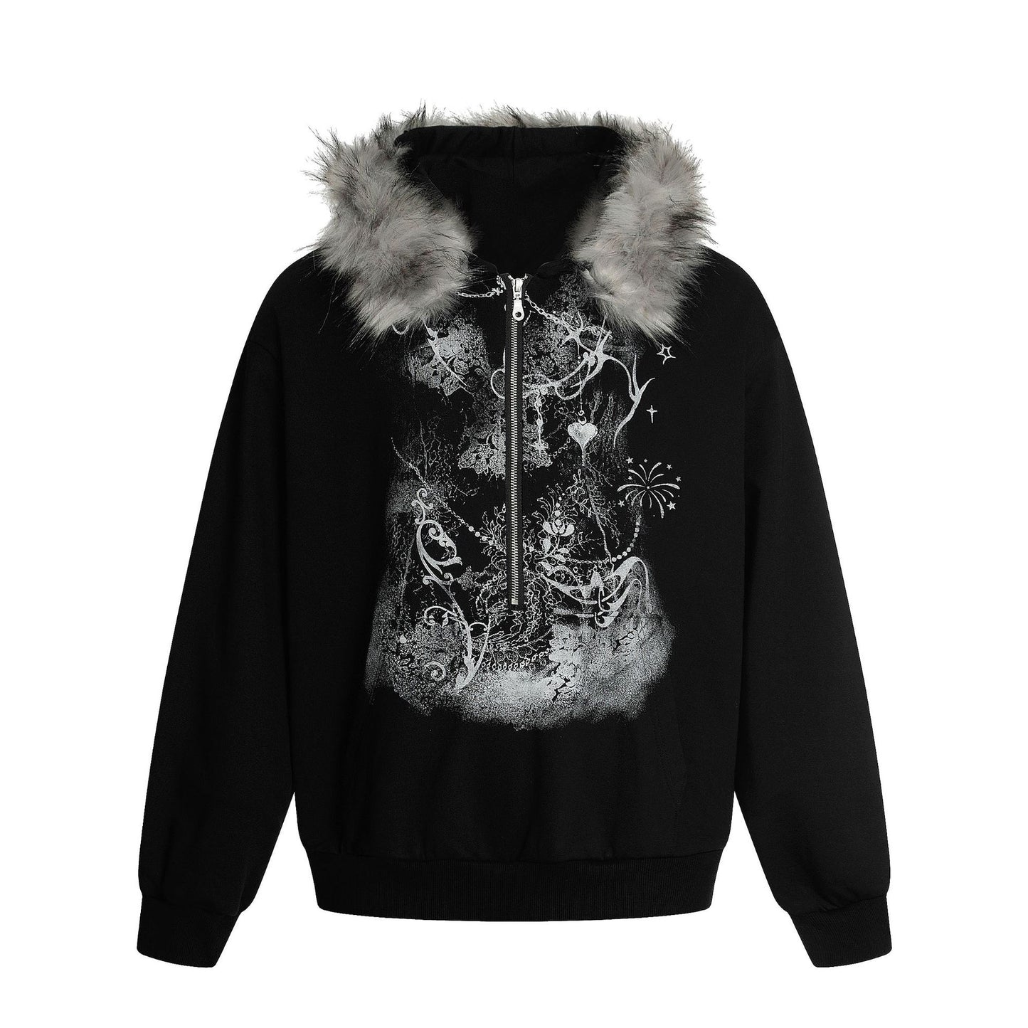 UNIKCOSA Velora Patterned Fur Collar Hooded Sweatshirt 💫