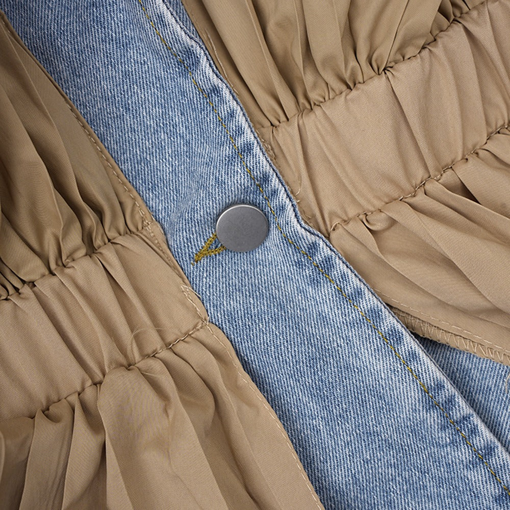 UNIKCOSA Retro Ruffle-Edge Contrast Splice Denim Jacket — Autumn Khaki Edition 🍁