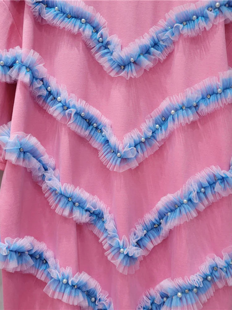 UNIKCOSA CrystalFlair Rhinestone Mesh Ruffle T-Shirt for Women ✨