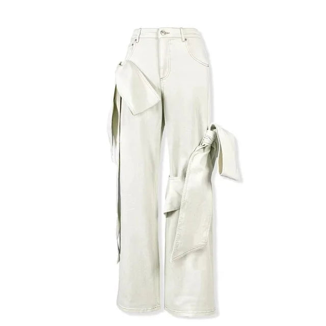 UNIKCOSA 3D Bow Strapless Denim Set — Chic Tube Top & Distressed Wide-Leg Jeans 💙