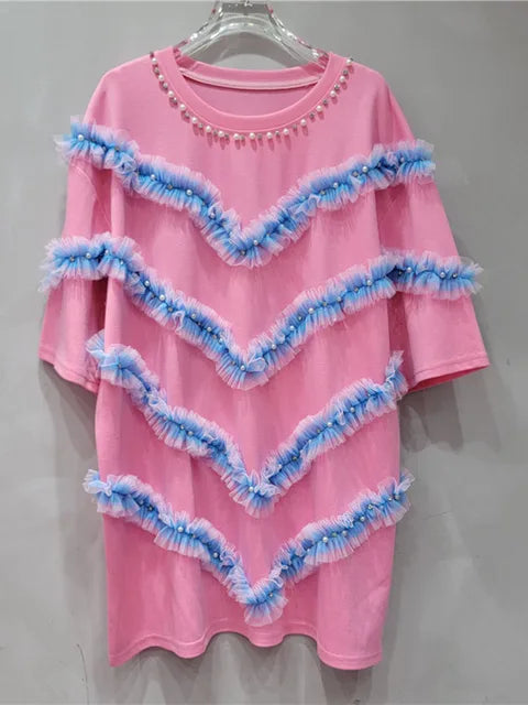 UNIKCOSA CrystalFlair Rhinestone Mesh Ruffle T-Shirt for Women ✨