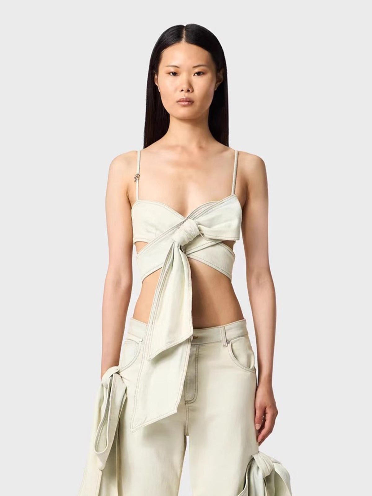 UNIKCOSA 3D Bow Strapless Denim Set — Chic Tube Top & Distressed Wide-Leg Jeans 💙