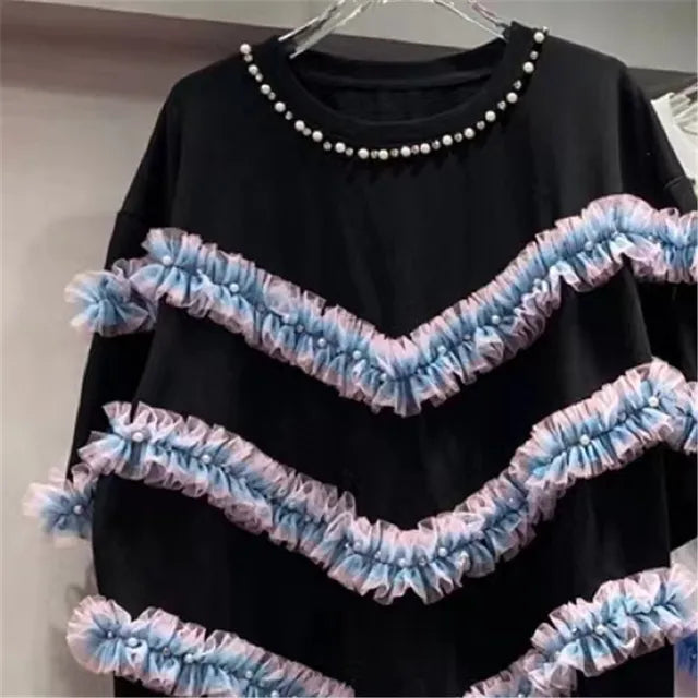 UNIKCOSA CrystalFlair Rhinestone Mesh Ruffle T-Shirt for Women ✨