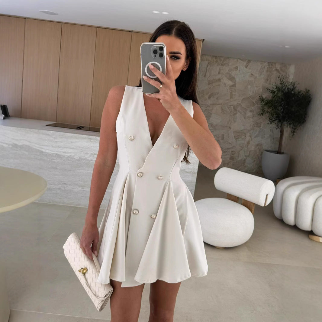 UNIKCOSA Double-Breasted Gold Button A-Line Blazer Dress — Sleeveless V-Neck Edition 🖤