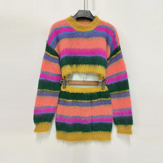 UNIKCOSA ColorMuse Contrast Knit Top & A-Line Skirt Set for Women 🌈