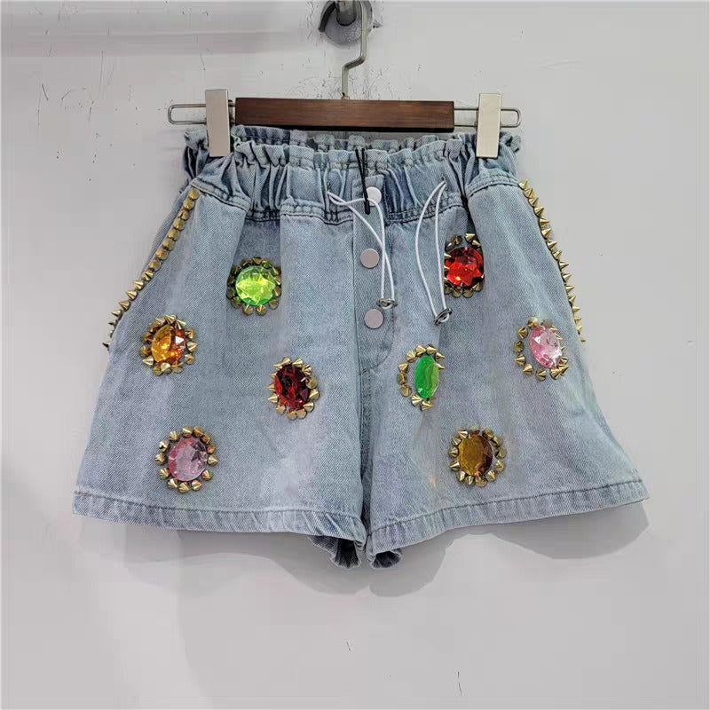 UNIKCOSA GemEdge High-Waist Diamond Beaded Denim Shorts for Women 💎