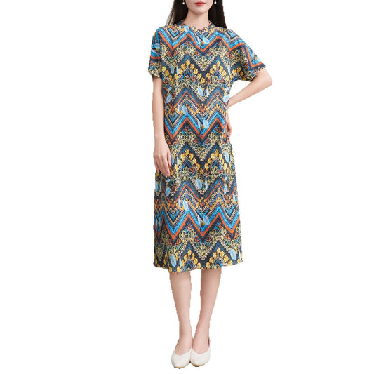 UNIKCOSA Velora Retro Pleated Midi Dress Literary Print π«