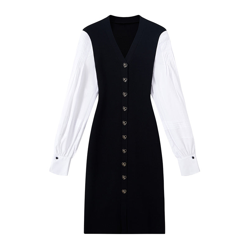 Elegant Women's V-Neck Knit Dress with Buttons β Long Sleeve Midi Style