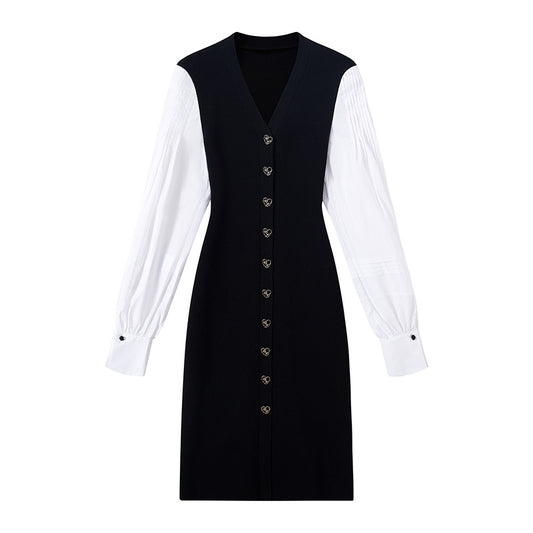 Elegant Women's V-Neck Knit Dress with Buttons – Long Sleeve Midi Style